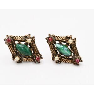 Vintage Lucite Green Cabochon Earrings Pink Rhinestone Faux Pearl